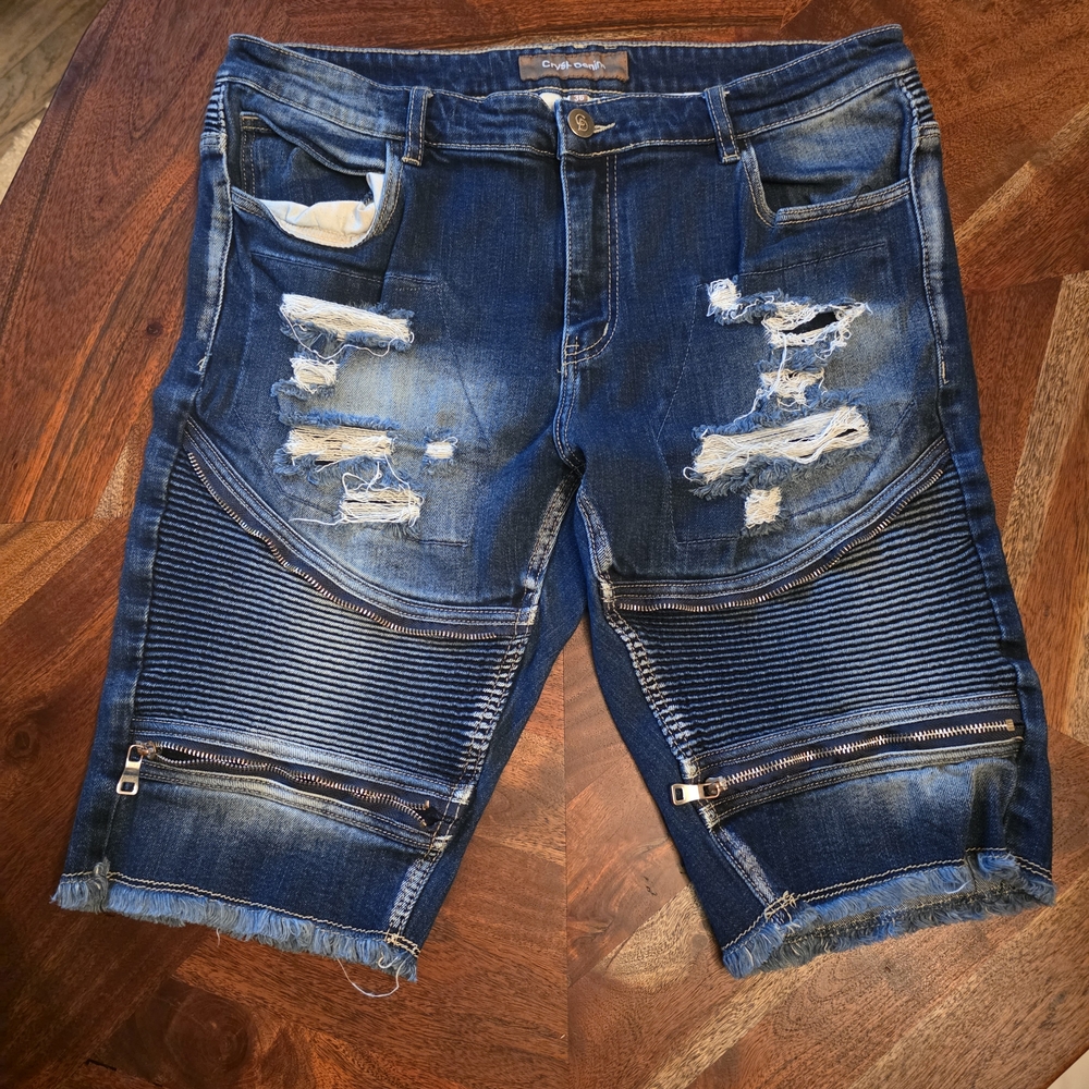 Distressed Blue Jean Shorts with Raw Hem